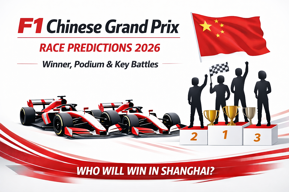 F1 Chinese Grand Prix 2026 race predictions graphic with F1 cars and podium winners