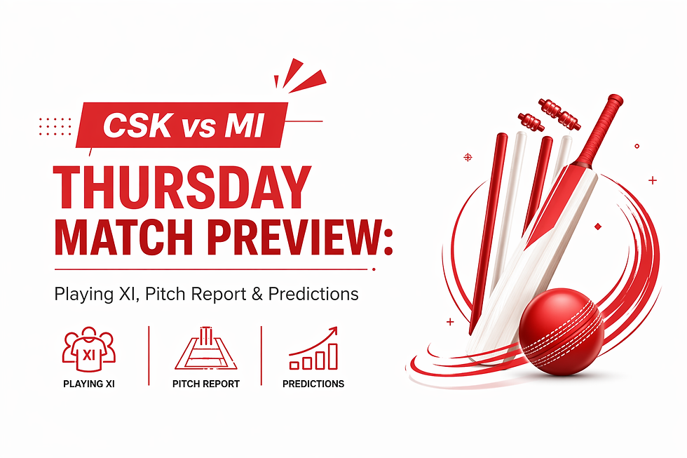 Chennai Super Kings vs Mumbai Indians Thursday match preview graphic with playing XI, pitch report, and predictions