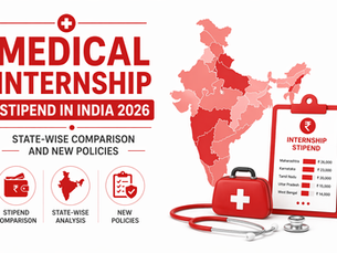 Medical internship stipend in India 2026 banner showing state-wise comparison and new policies in a red and white design