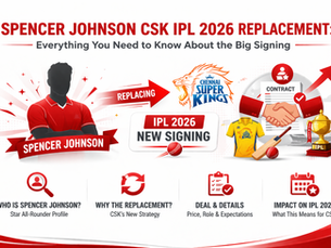 Spencer Johnson CSK IPL 2026 replacement graphic with player silhouette, signing contract, and cricket visuals