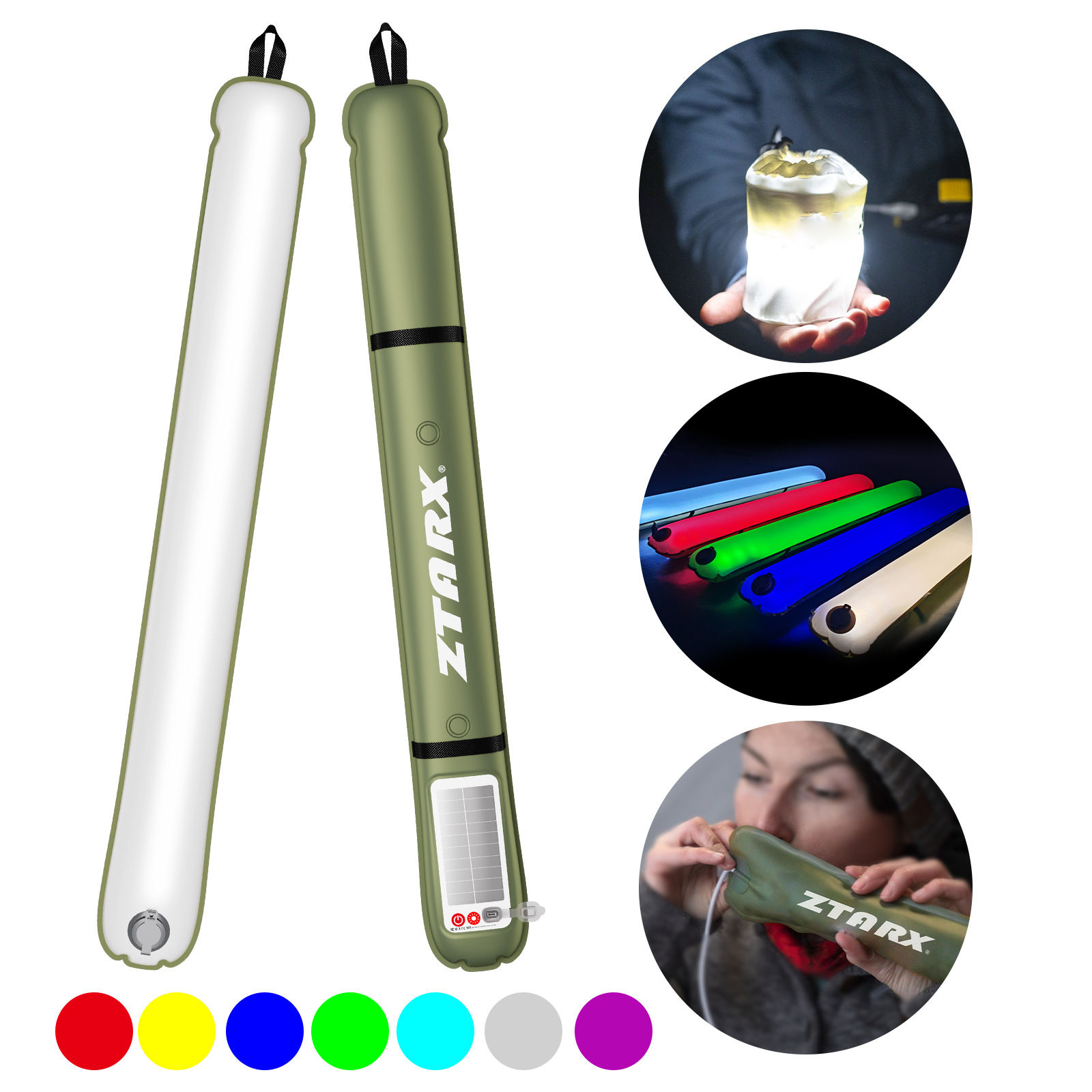 Solar USB Charging Built-in Battery Inflatable LED Tube Light IP66 Waterproof Fo