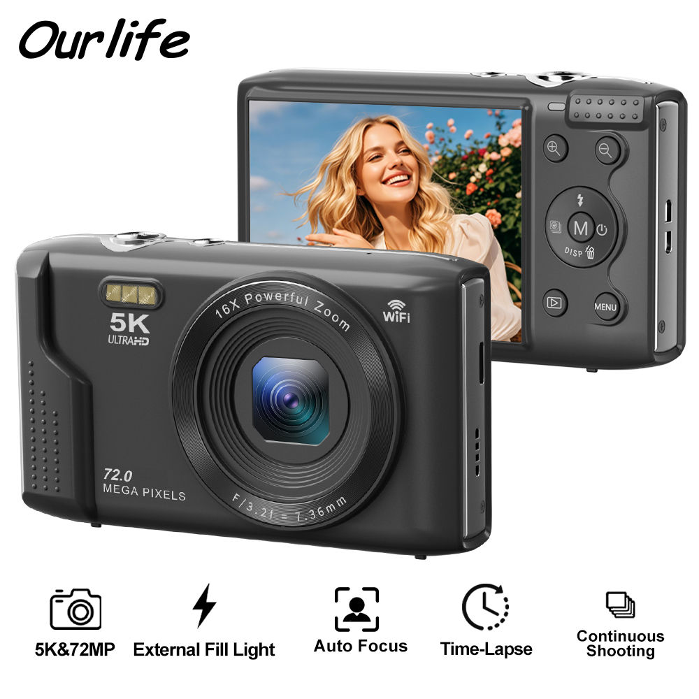 Ourlife Compact Digital Camera 5K 72MP 2.8'' Screen LCD Screen 16X Digital Zoom