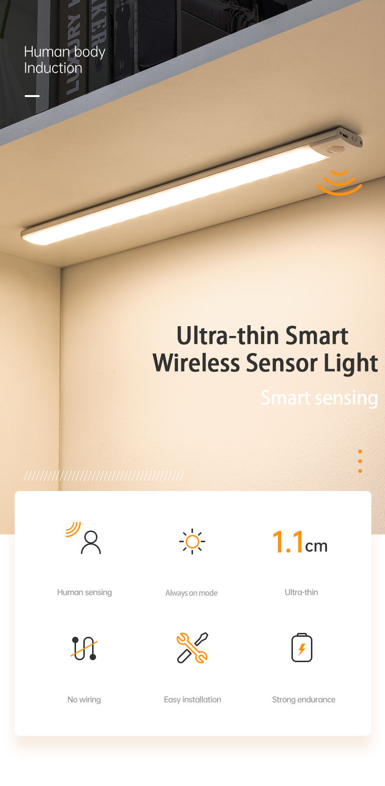 Thumbnail: Cabinet Lights Motion Sensor LED Wireless USB Under Ultra Thin Night Light For K