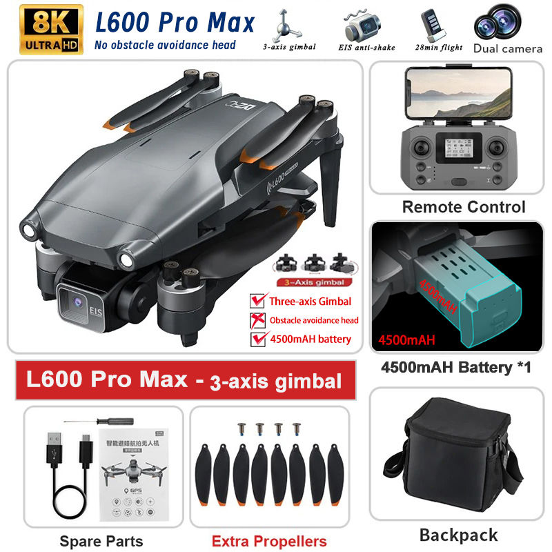 Thumbnail: New L600 PRO MAX/PRO GPS Drone 5KM 4K Professional HD Dual Camera 3-Axis Gimbal