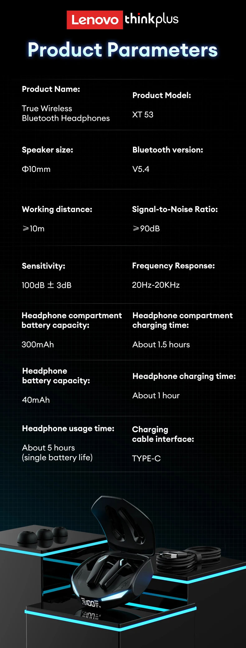 Thumbnail: New Lenovo XT53 Wireless Upgrade Bluetooth 5.4 Earphones LED Digital Display Wat