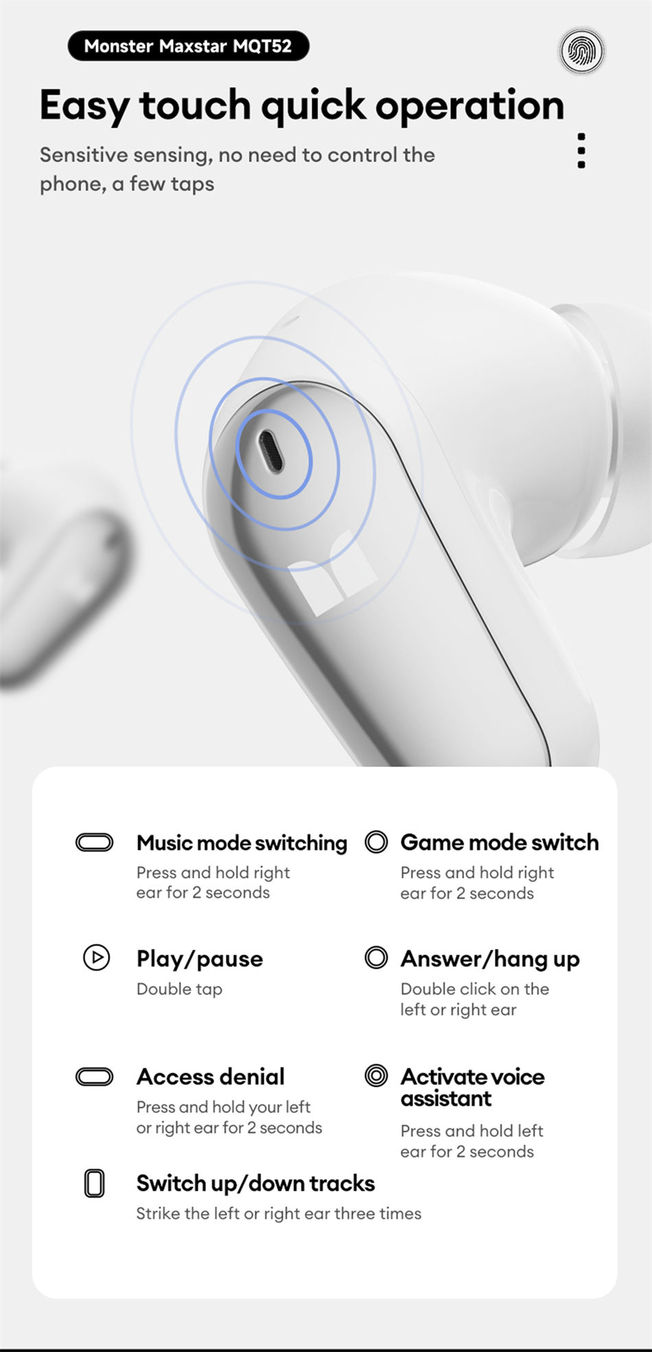 Thumbnail: Monster MQT52 Bluetooth 5.4 wireless earbuds with long battery life.