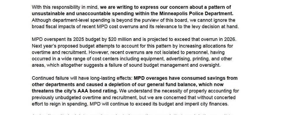 Excerpt from Minneapolis Board of Estimate and Taxation letter to Mayor Frey.