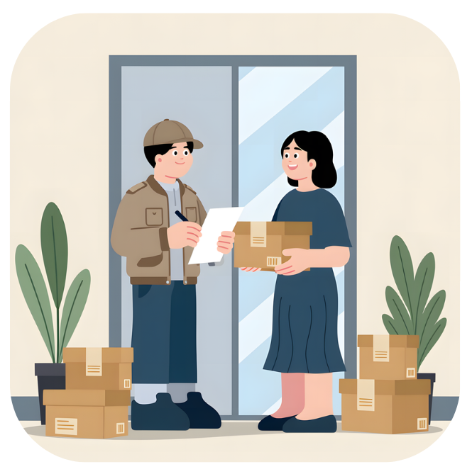 Een bezorger geeft een pakket aan een vrouw bij de deur. Beiden glimlachen.