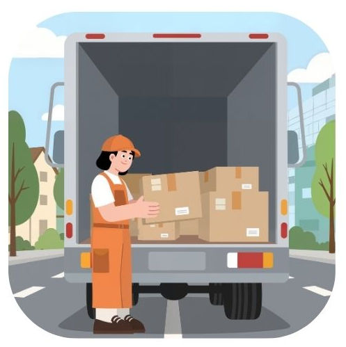 Vrachtwagen op straat, vrouw in oranje overall laadt dozen in de vrachtwagen.