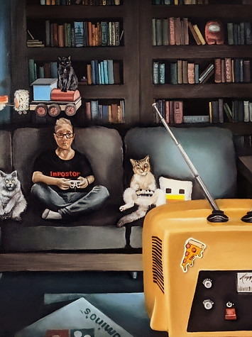 Fantasy commission in a living room with flying sushi train