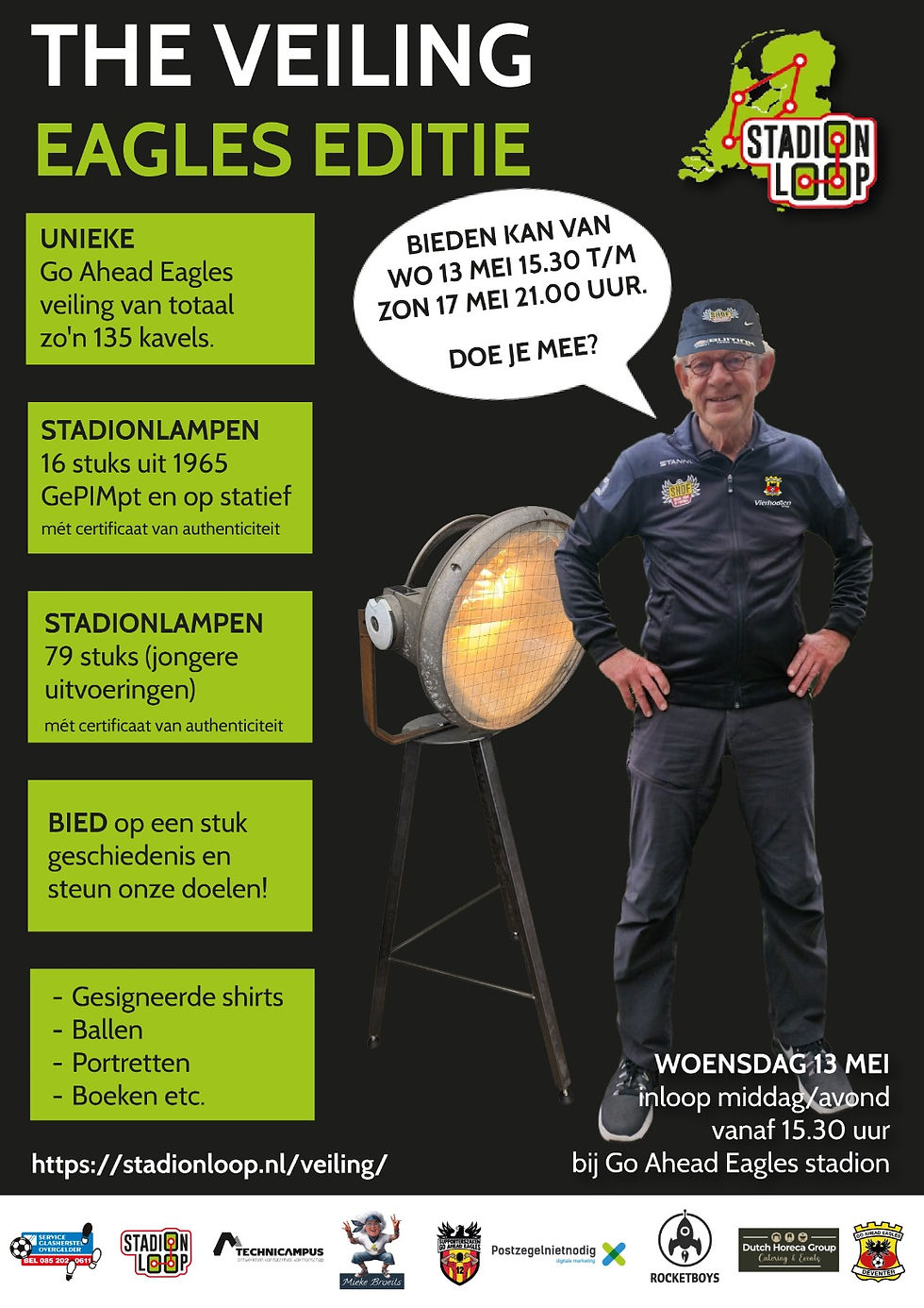 Veilingposter met man naast stadionlamp. Tekst promoot Go Ahead Eagles veiling vanaf 13 mei. 