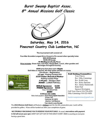 Burnt Swamp Baptist Assoc.
8th Annual Missions Golf Classic