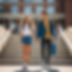 Two happy students -- one male, one female -- walking on stairs on a sunny day in the midd