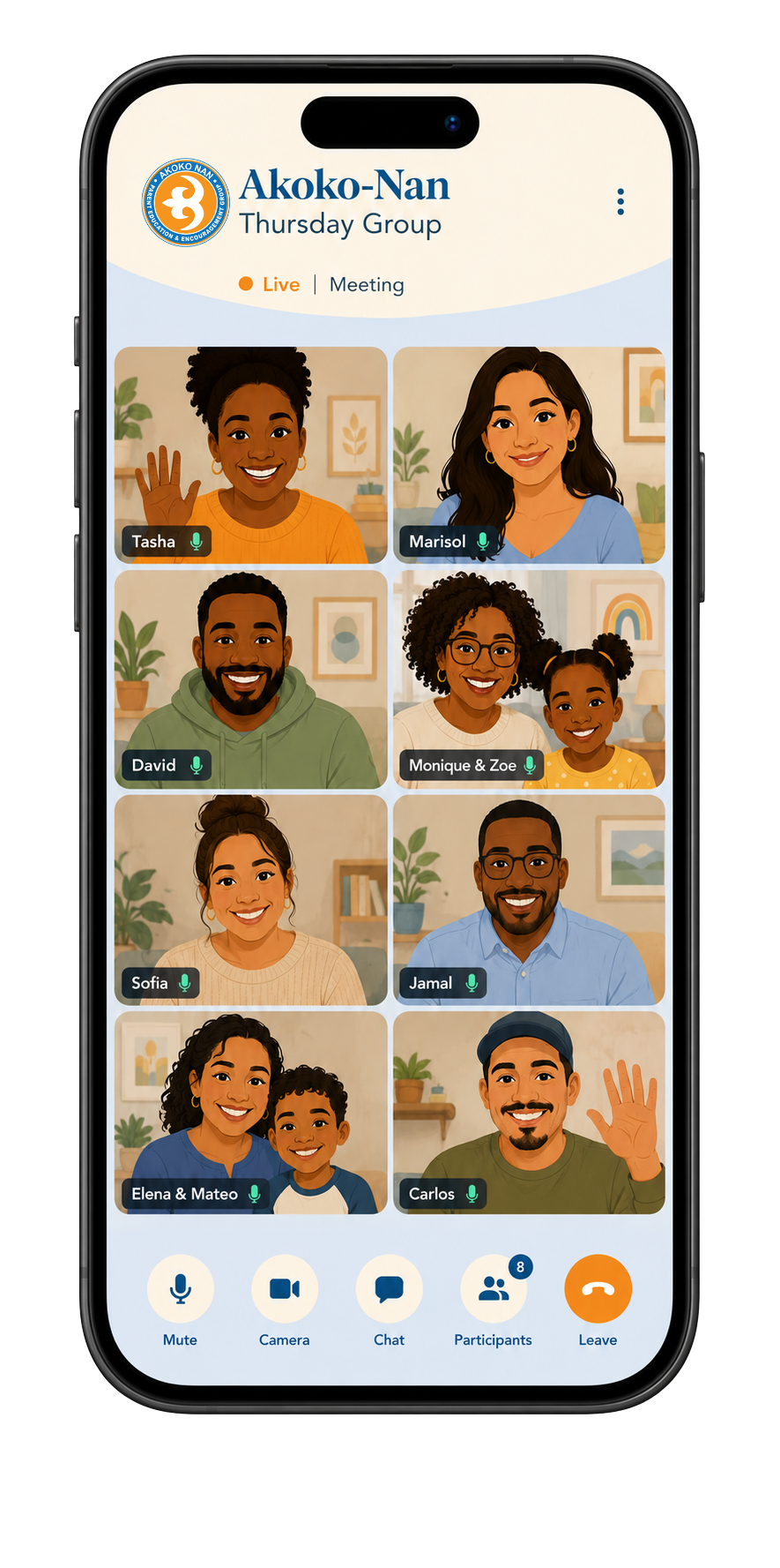 Mobile phone mockup of video call meeting with parents.