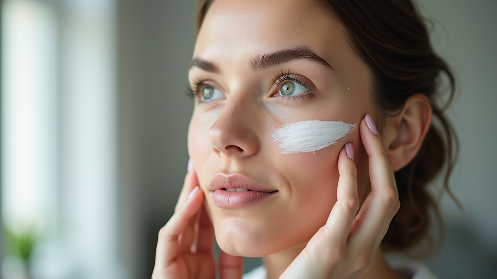 Close-up view of a person applying skincare product on their face