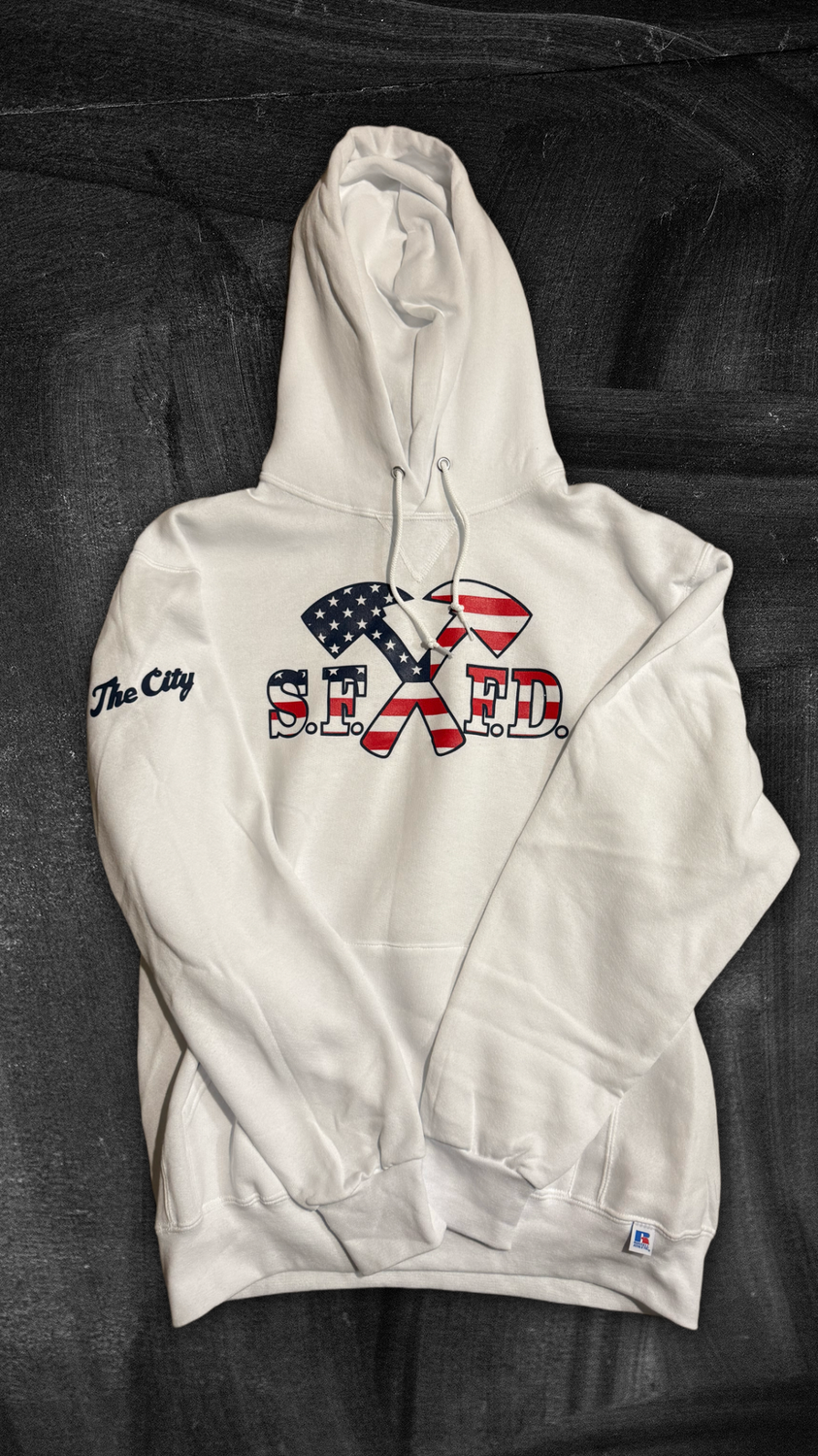 SFFD Cross Axe American Flag White Hooded Sweatshirt