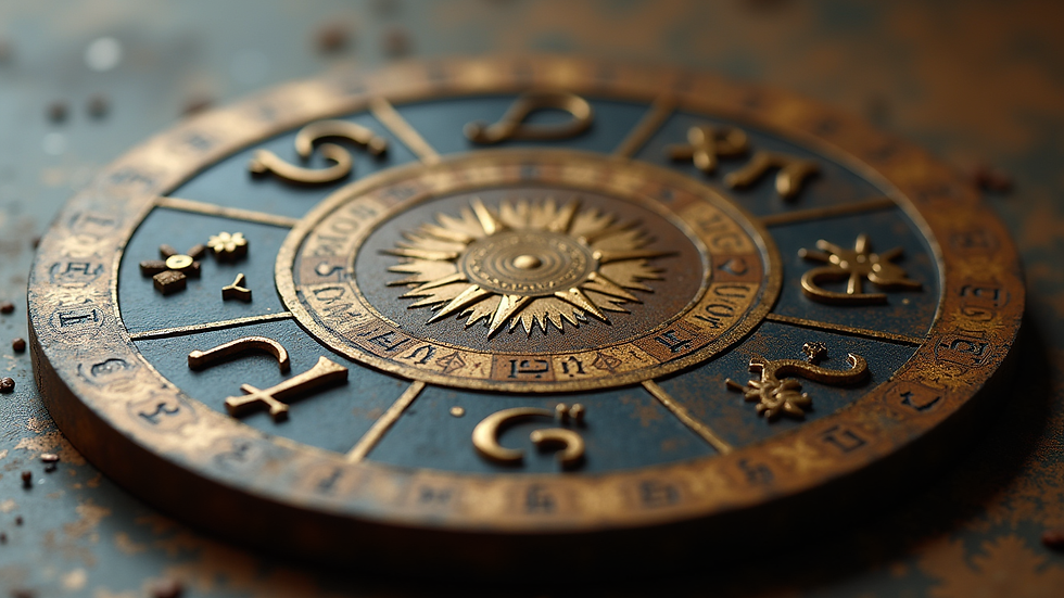 Close-up view of zodiac wheel with astrological symbols