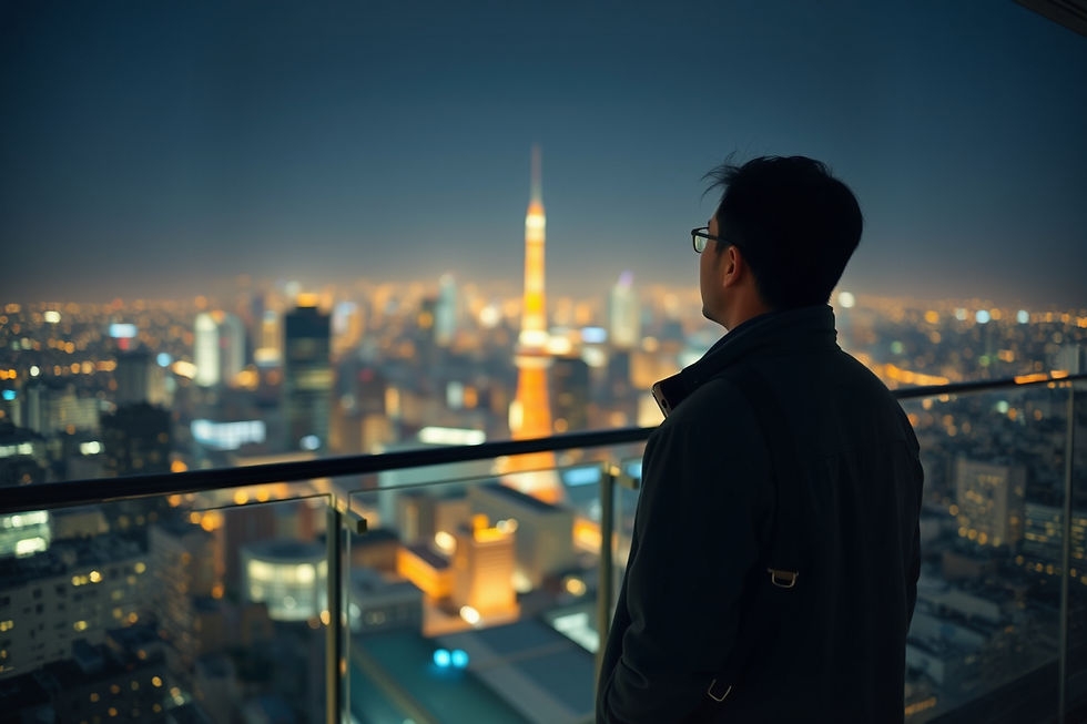 Man gazes at a city skyline from a balcony at night. City lights glow softly, creating a contemplative mood. Tower stands prominently.