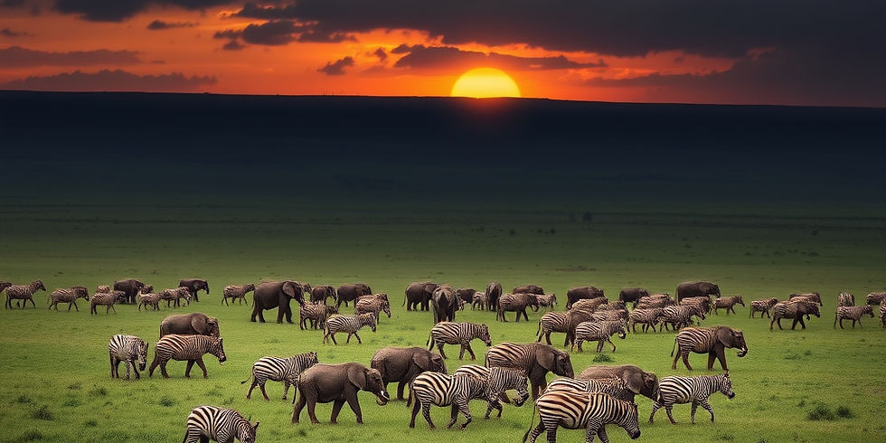 Elephants and zebras graze on a green savannah at sunset, with a vibrant orange and black sky creating a tranquil scene.