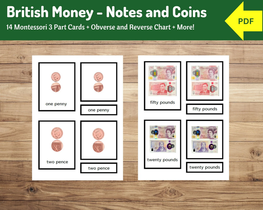 UK Notes and Coins, Pounds, Pence, Currency | 14 Montessori 3 part cards