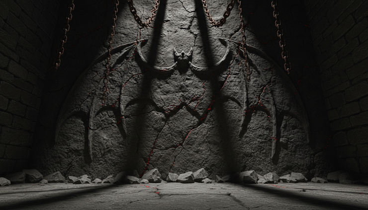 Low-angle view of a winged shadow carved into an underground prison wall