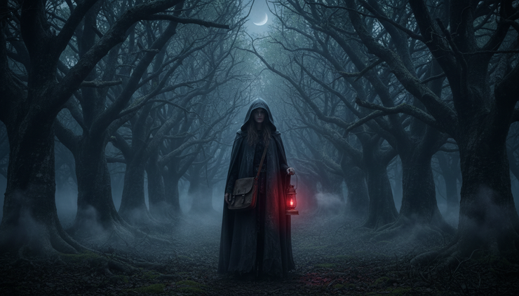 Eye-level view of a lone woman in a dark cloak standing at the edge of a black forest.
