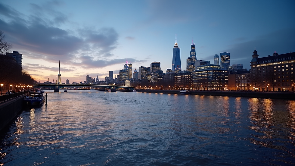 Wide angle view of the Thames River with London’s iconic skyline at dusk