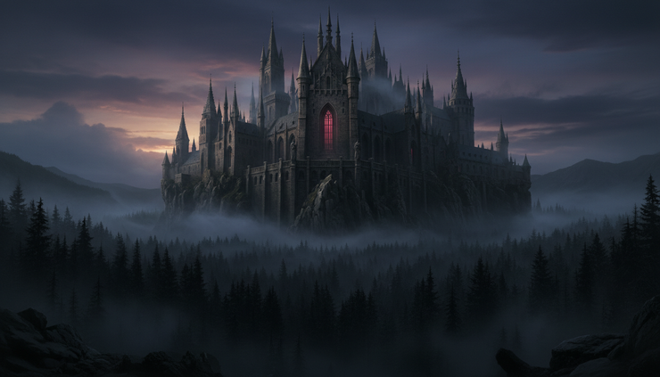 Wide-angle view of a gothic castle rising above a misty forest at dusk.