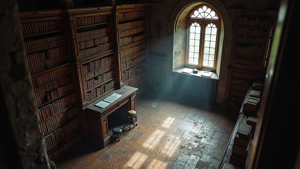 High angle view of an old, dusty library inside a gothic manor