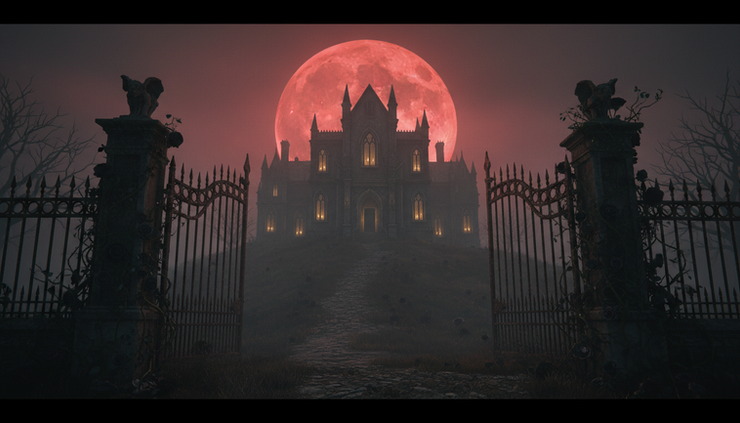 Wide-angle view of a gothic manor under a blood-red moon