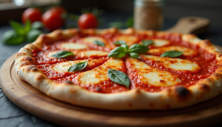 Eye-level view of a freshly baked homemade pizza with melted cheese and tomato sauce on a wooden board