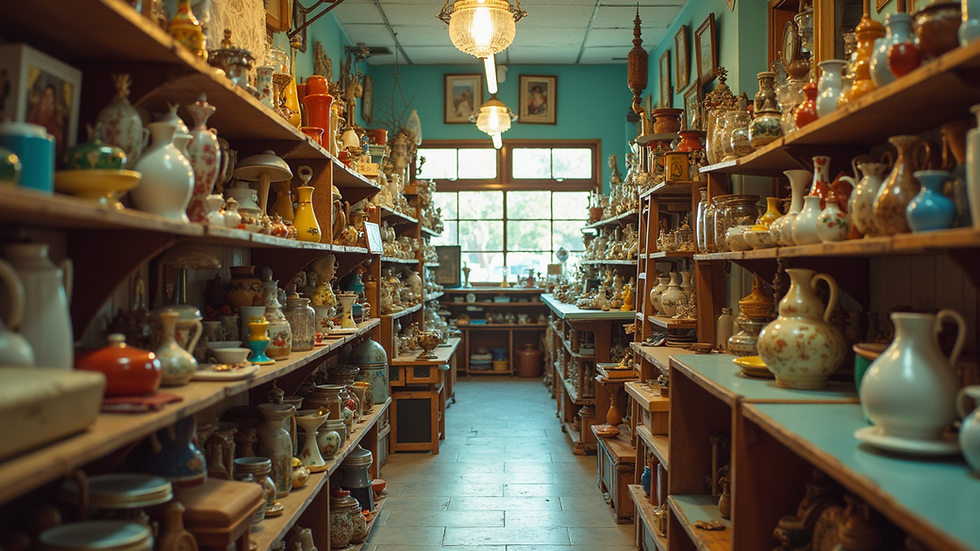 Eye-level view of a colorful thrift shop filled with vintage home items