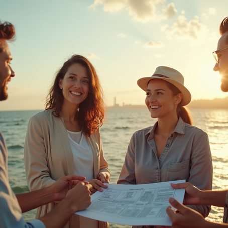 people traveling talking at beach by the water
