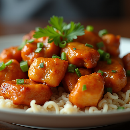 Chinese general chicken on top of noodles in a plate