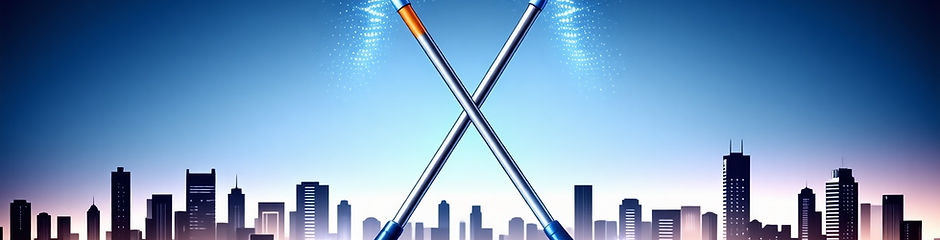 Two brooms in front of large buildings