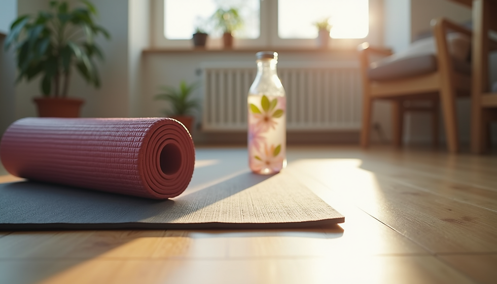 Yoga mat workout equipment inside of a house sitting on top of hardwood floors