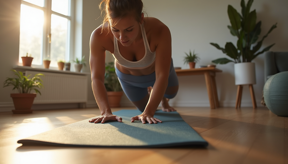 woman doing yoga on a yoga mat in her home