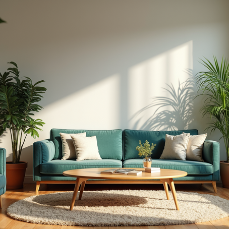 Interior living room with sofa pictures on the wall dining table