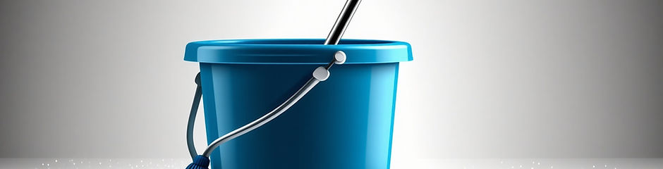 Blue cleaning bucket with a mop on a white floor