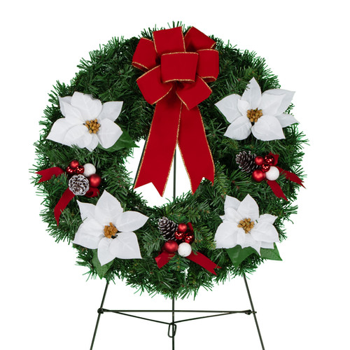White Poinsettias with Red Velvet Bow Christmas Wreath on Easel ...