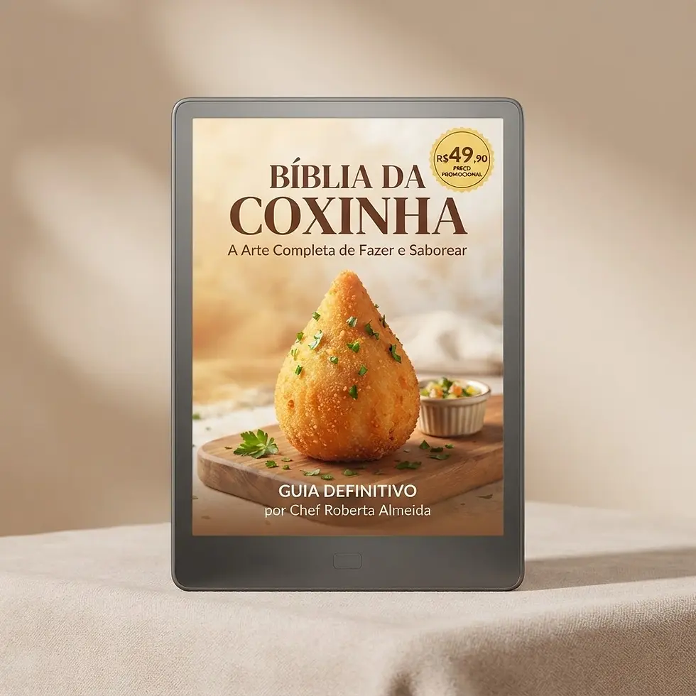 Digital render of an e-book cover for 'Bíblia da Coxinha'. The cover features a prominent, perfectly cooked coxinha served on a rustic wooden board.