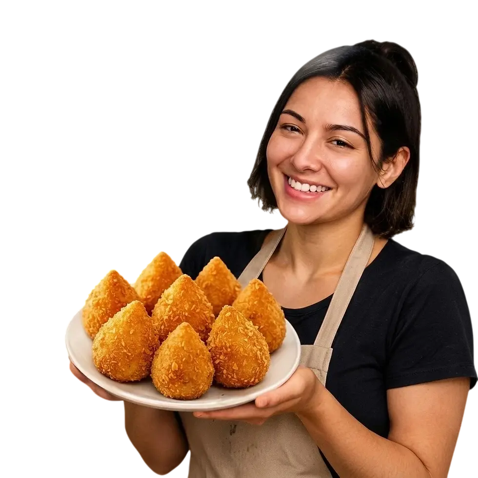 Studio photography of a woman holding a plate of fried snacks. She smiles warmly, offering delicious coxinha.