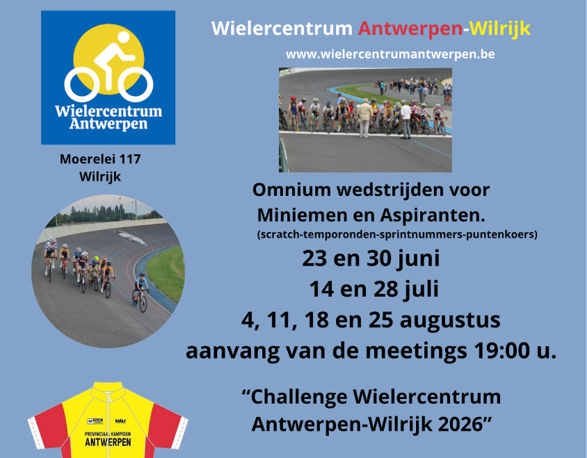 Challenge "Wielercentrum Antwerpen-Wilrijk 2026" voor aspiranten en miniemen.