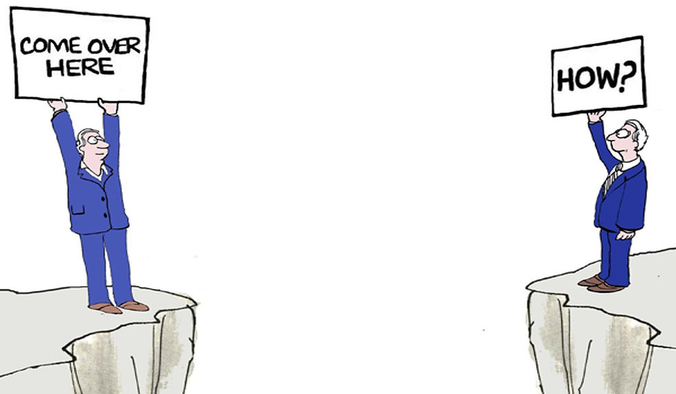 Two cartoon men face each other across a cliff holding large placards saying "Come over here" and "How?" demonstrating poor communication in a comedic way.