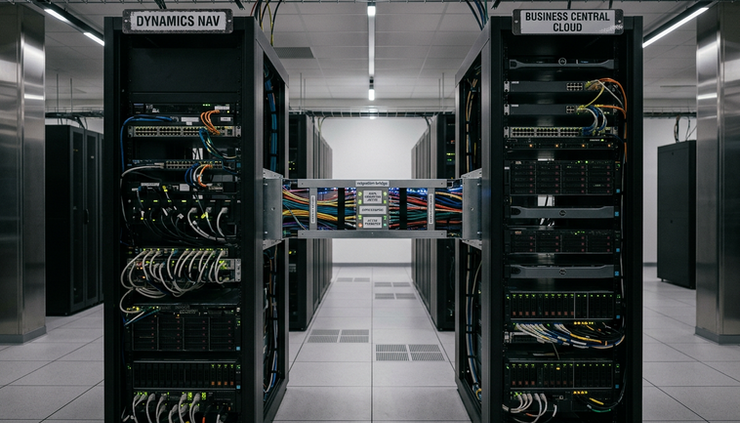 Wide-angle view of a labelled migration bridge connecting two server racks in a clean data centre aisle