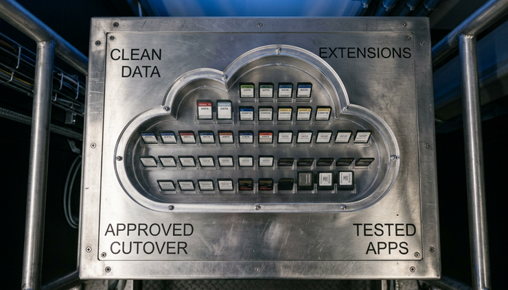 Top-down view of a sealed cloud-shaped container holding organised data cards on a secure platform