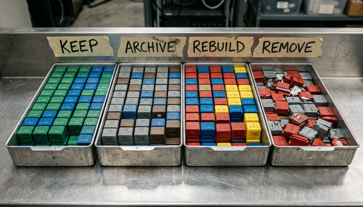 Close-up view of coloured database blocks sorted into keep, archive, rebuild, and remove trays