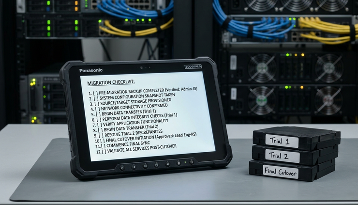 Eye-level view of a rugged tablet showing a migration checklist beside labelled storage cartridges