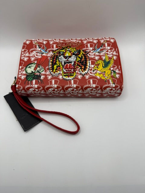 Thumbnail: Ed Hardy Red Tiger Skull Print Zip Around Wristlet Wallet