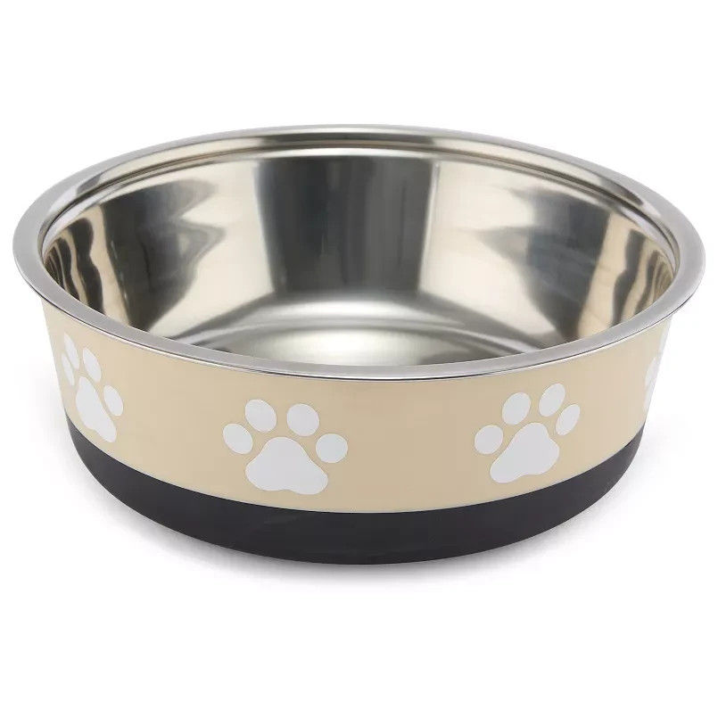 Thumbnail: Tan Pet Bowl with Pawprint Design Stainless Steel Dog Food Bowl - large